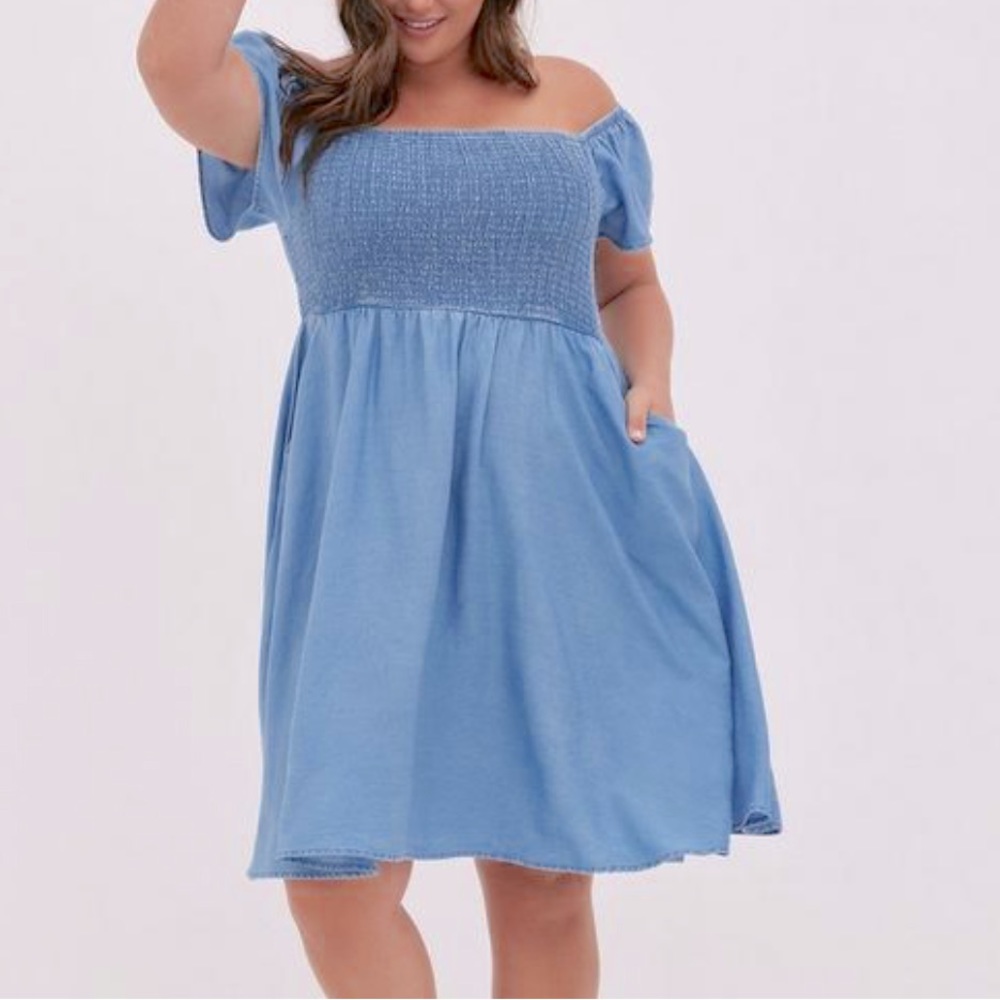 Torrid Blue Chambray Off-Shoulder Smocked Skater Dress
